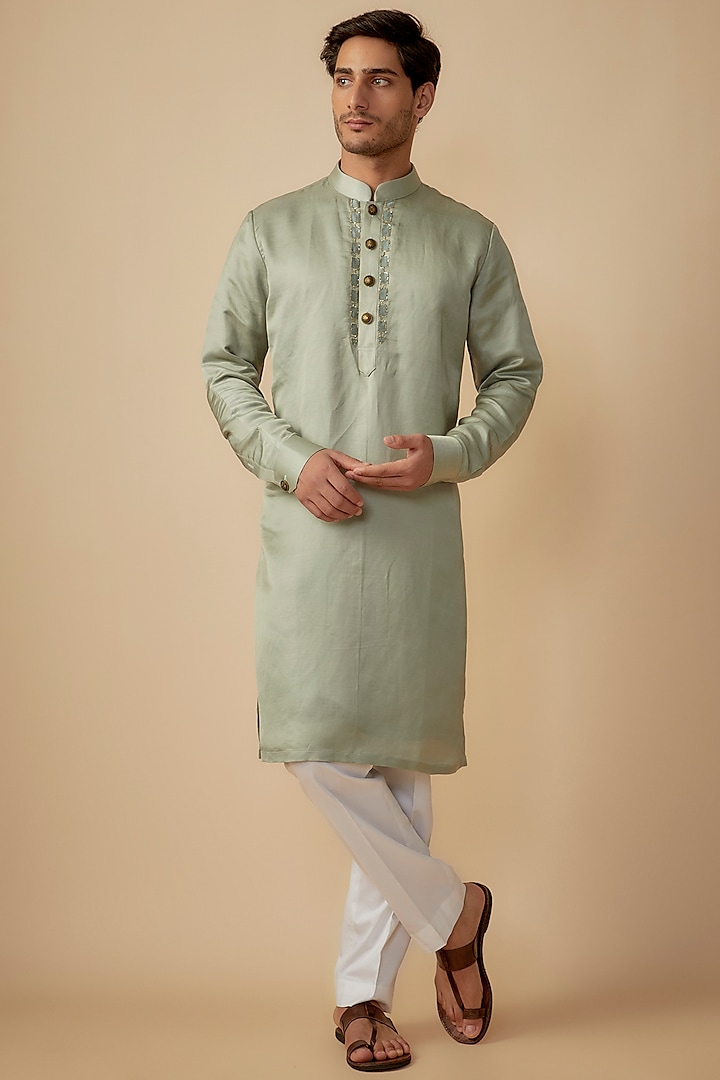 Green Linen Silk Patchwork Kurta Set by The Man Project at Pernia's Pop Up Shop