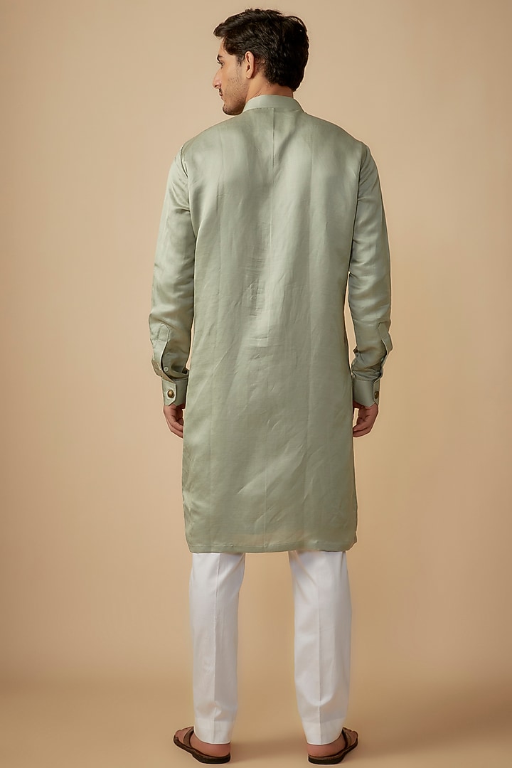 Green Linen Silk Patchwork Kurta Set by The Man Project at Pernia's Pop Up Shop