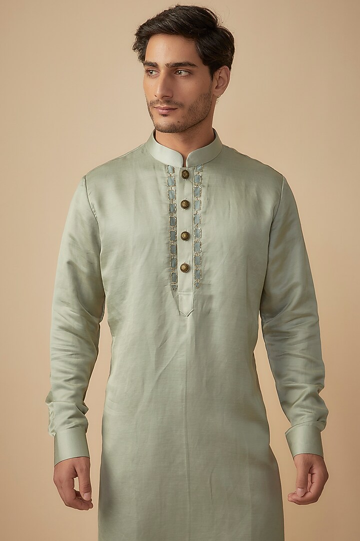 Green Linen Silk Patchwork Kurta Set by The Man Project at Pernia's Pop Up Shop