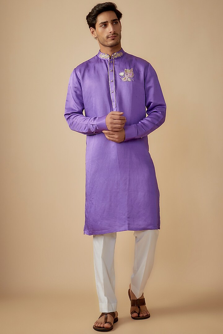 Purple Linen Silk Nakshi Work Kurta Set by The Man Project