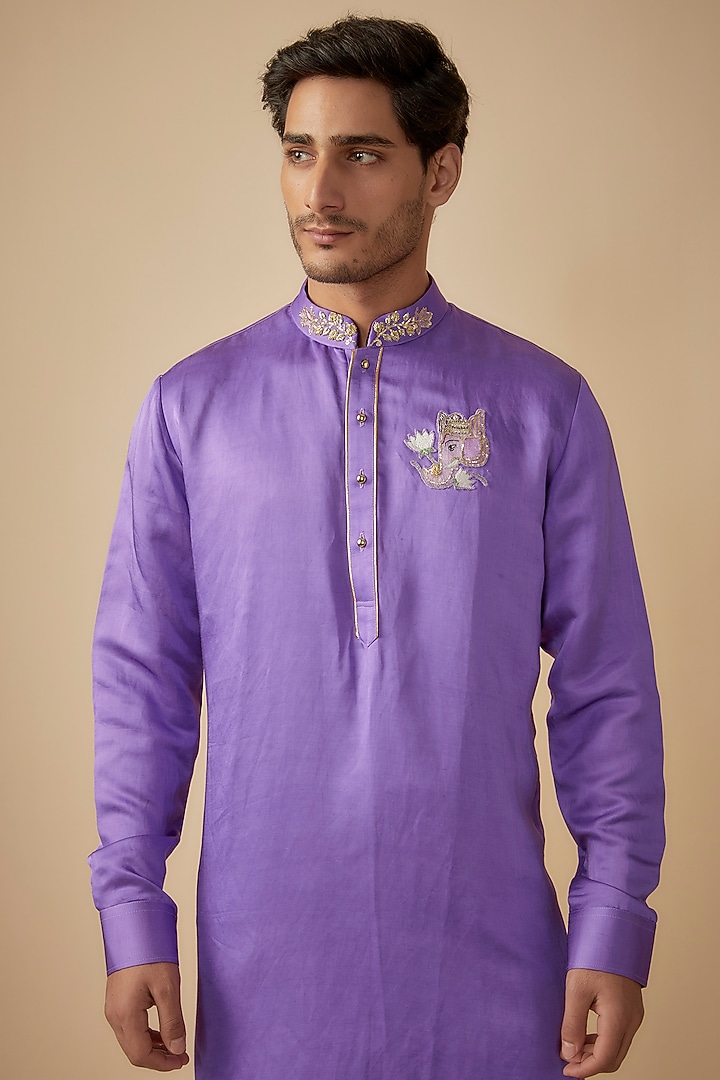 Purple Linen Silk Nakshi Work Kurta Set by The Man Project at Pernia's Pop Up Shop