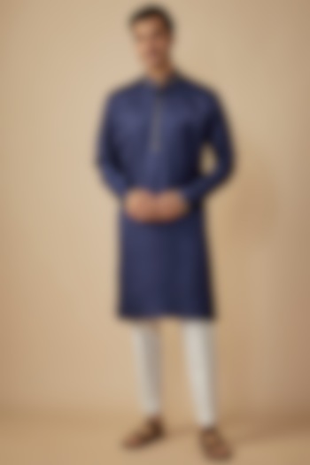 Blue Linen Silk Embroidered Kurta Set by The Man Project