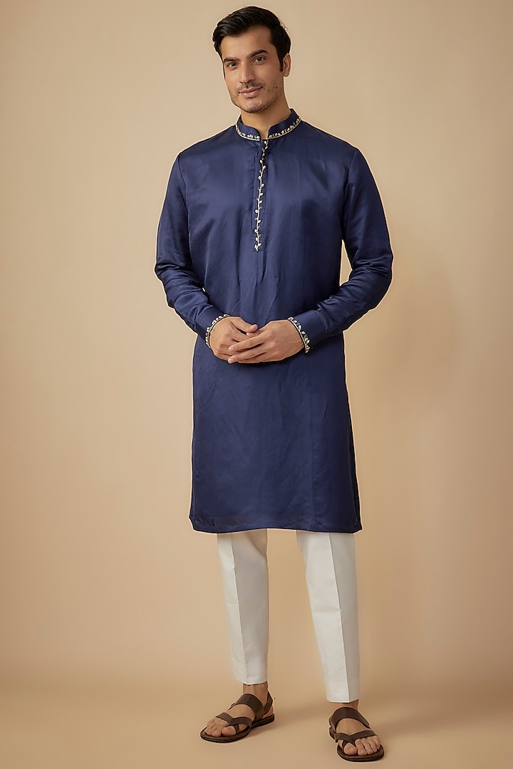 Blue Linen Silk Embroidered Kurta Set by The Man Project