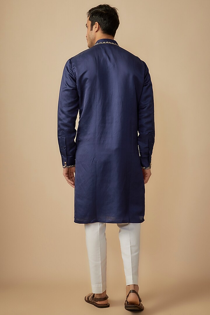 Blue Linen Silk Embroidered Kurta Set by The Man Project at Pernia's Pop Up Shop