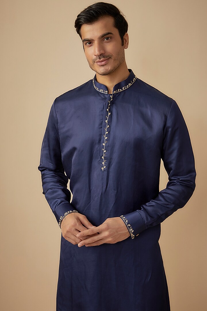 Blue Linen Silk Embroidered Kurta Set by The Man Project at Pernia's Pop Up Shop