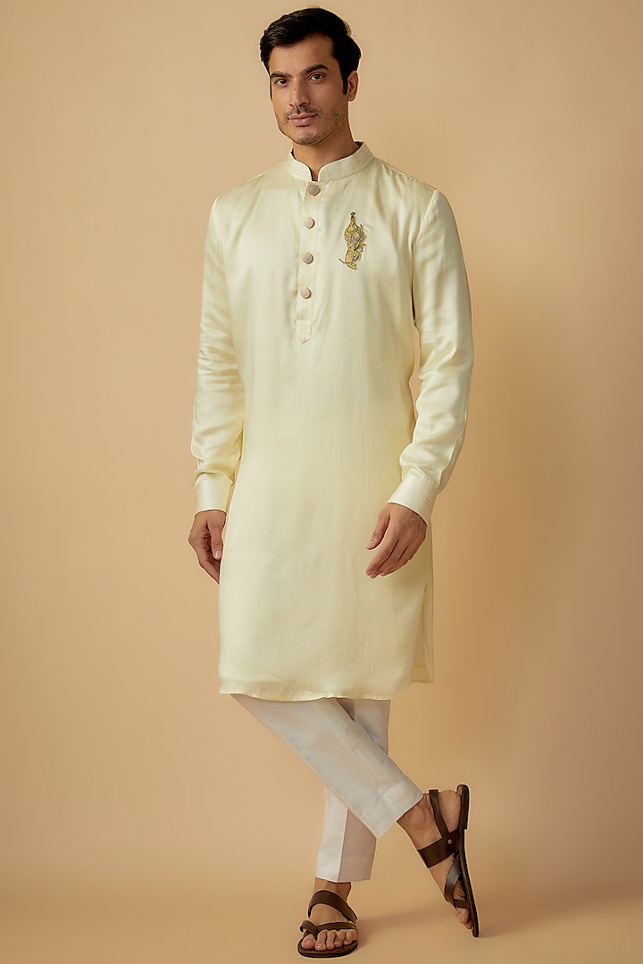 Ivory Linen Silk Embroidered Kurta Set by The Man Project