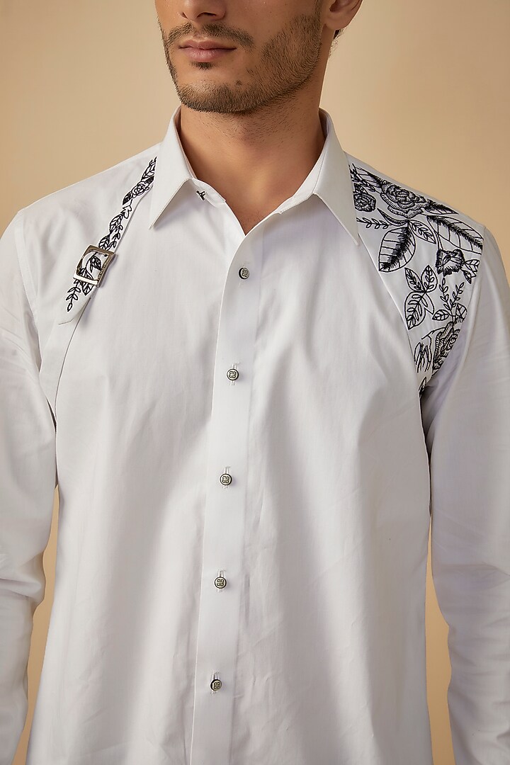 White Giza Cotton Thread Embroidered Party Wear Shirt by The Man Project at Pernia's Pop Up Shop
