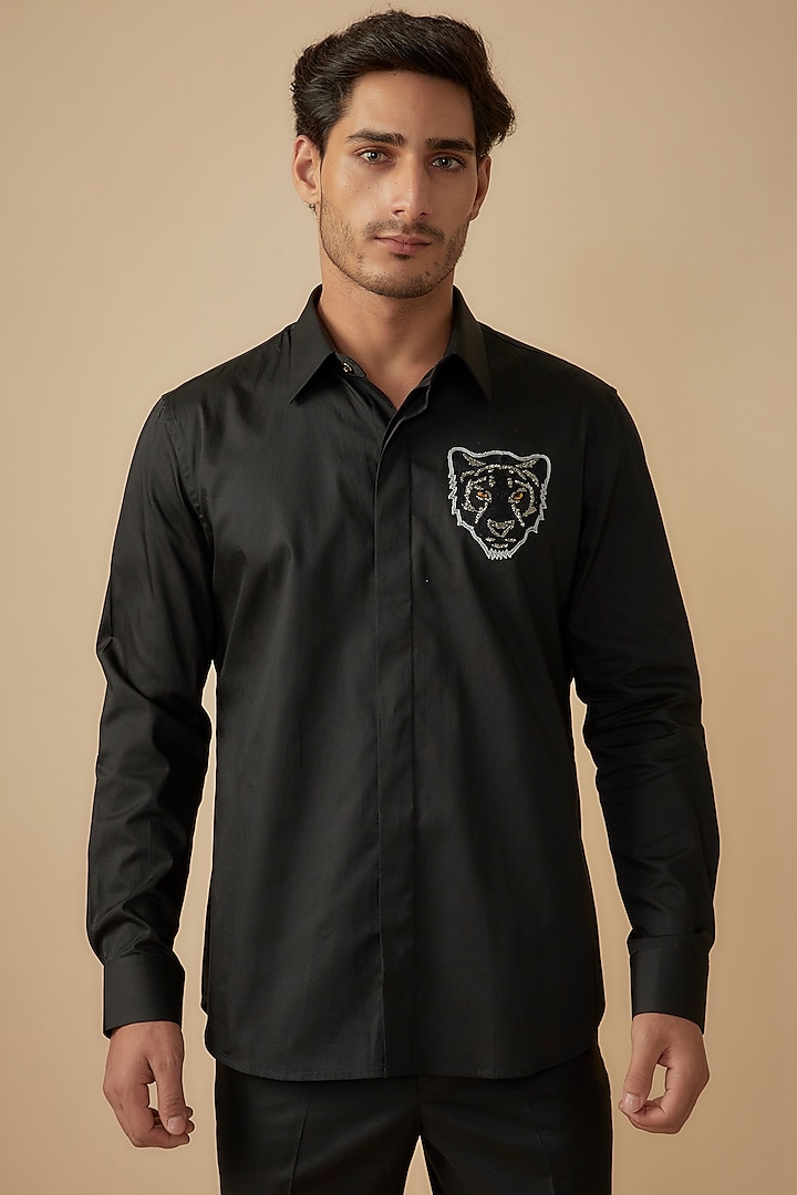 Black Giza Cotton Motif Embroidered Shirt by The Man Project at Pernia's Pop Up Shop