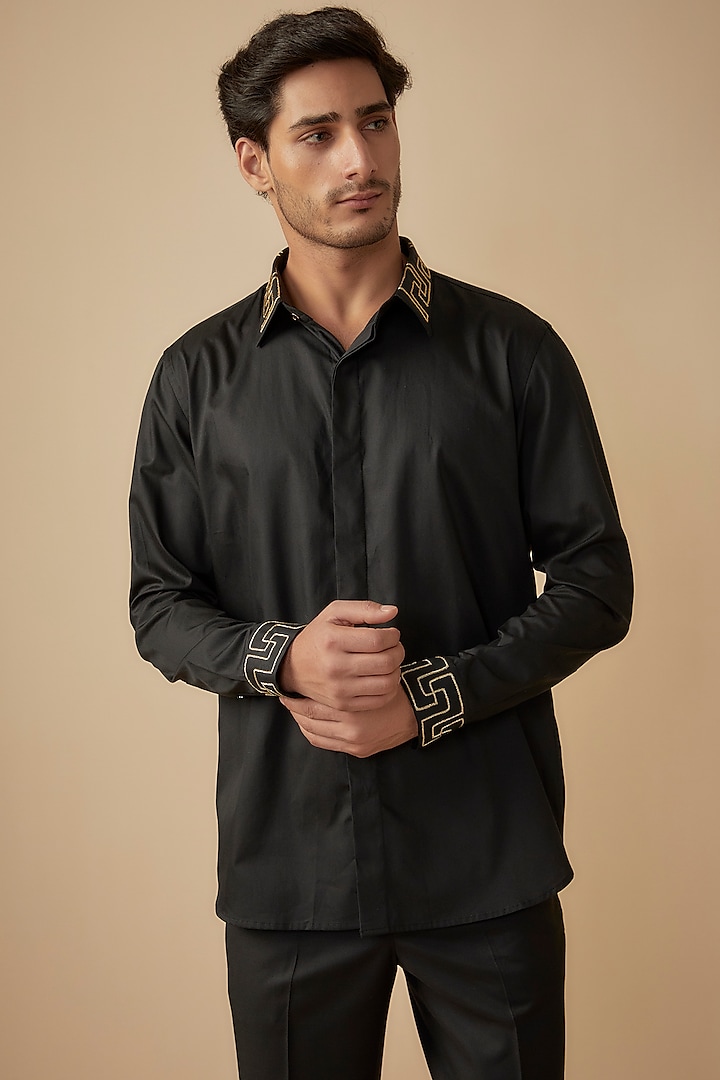 Black Giza Cotton Embroidered Shirt by The Man Project at Pernia's Pop Up Shop