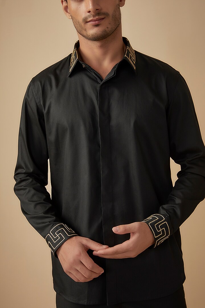 Black Giza Cotton Embroidered Party Wear Shirt by The Man Project at Pernia's Pop Up Shop
