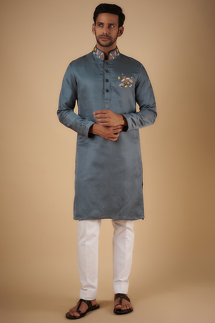 Grey Linen Silk Thread Embroidered Kurta by The Man Project