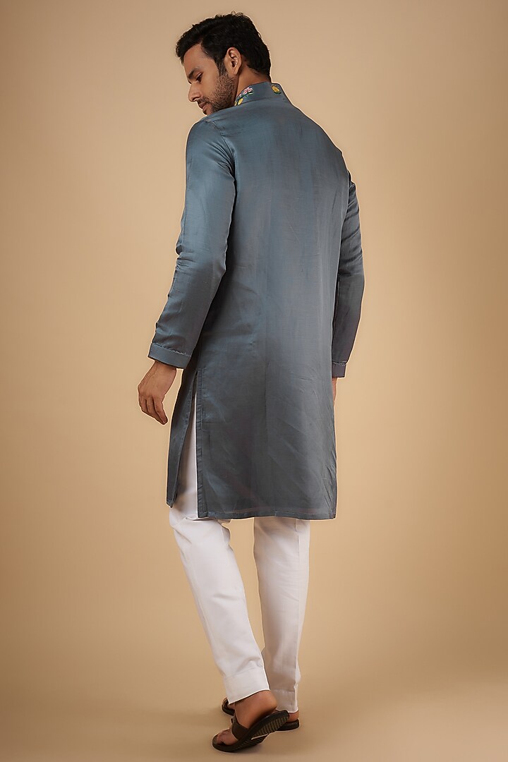 Grey Linen Silk Zari Embroidered Kurta by The Man Project at Pernia's Pop Up Shop