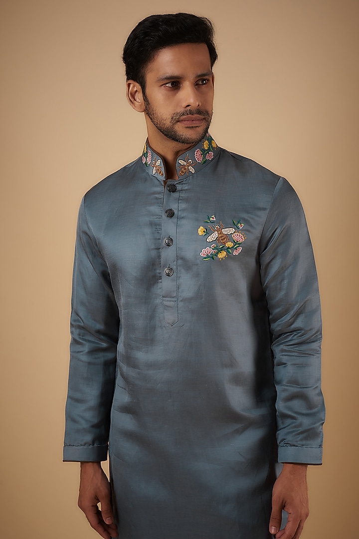 Grey Linen Silk Zari Embroidered Kurta by The Man Project at Pernia's Pop Up Shop