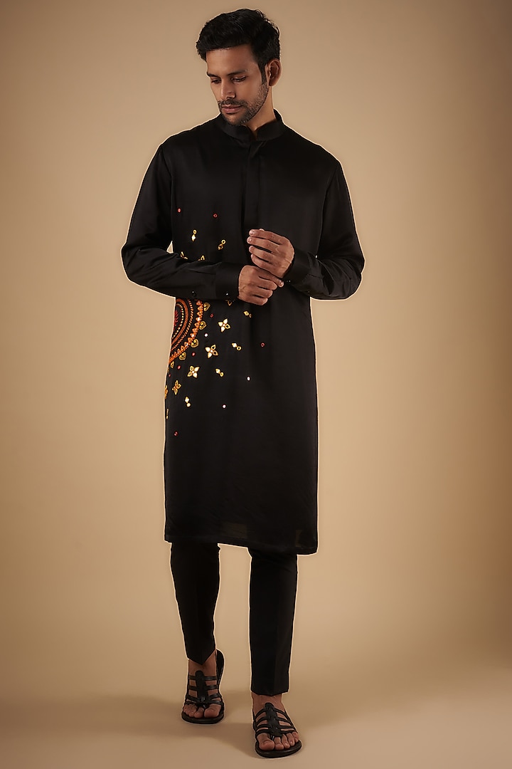 Black Linen Silk Mirror Embroidered Kurta by The Man Project