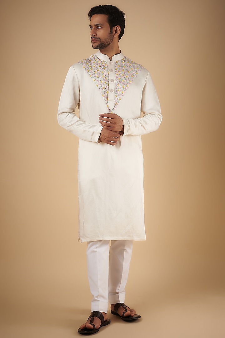 White Linen Silk Cutdana Embroidered Kurta by The Man Project