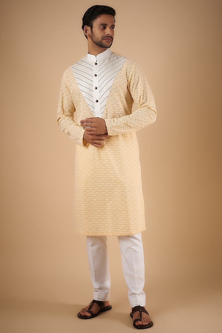 Yellow Cotton Lucknowi Embroidered Kurta by The Man Project