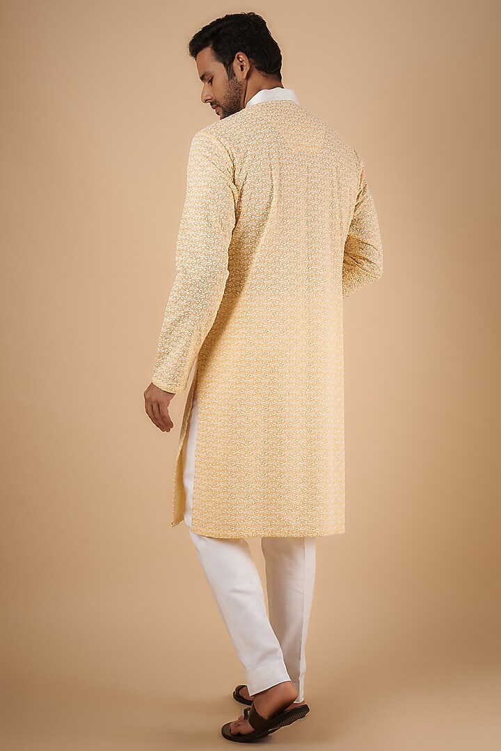 Yellow Cotton Lucknowi Embroidered Kurta by The Man Project at Pernia's Pop Up Shop