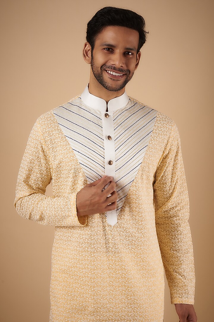 Yellow Cotton Lucknowi Embroidered Kurta by The Man Project at Pernia's Pop Up Shop