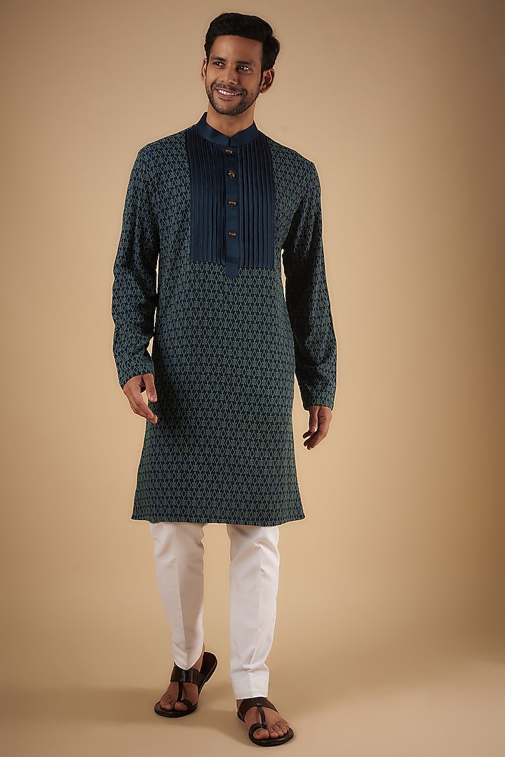 Navy Blue Cotton Lucknowi Embroidered Kurta by The Man Project