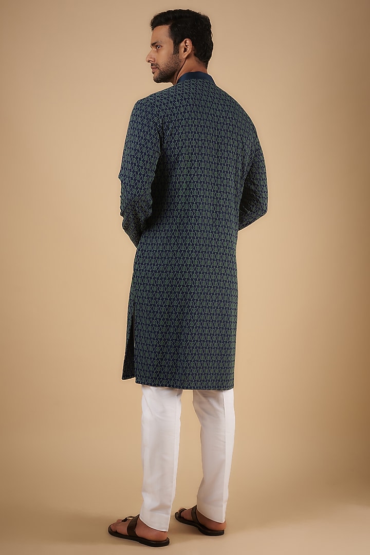 Navy Blue Cotton Lucknowi Embroidered Kurta by The Man Project at Pernia's Pop Up Shop
