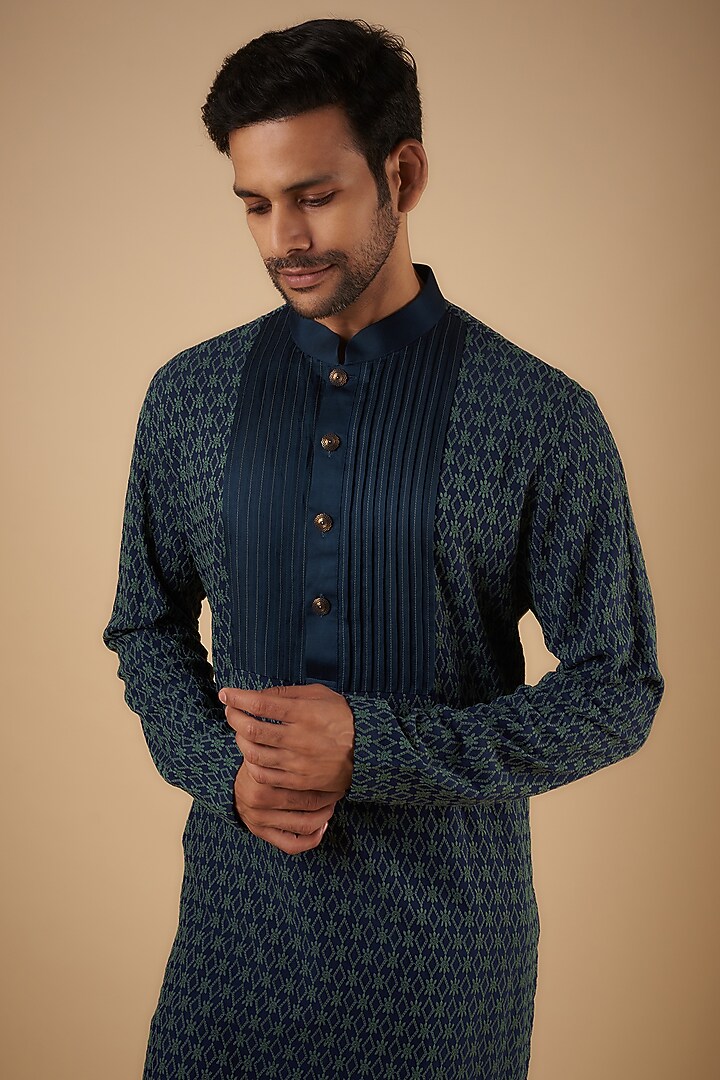 Navy Blue Cotton Lucknowi Embroidered Kurta by The Man Project at Pernia's Pop Up Shop