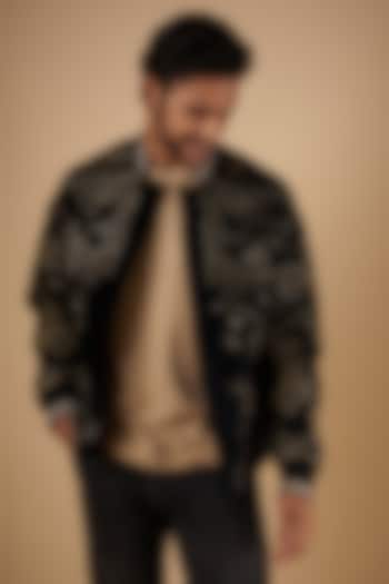 Black Suede Hand Embroidered Bomber Jacket by The Man Project at Pernia's Pop Up Shop