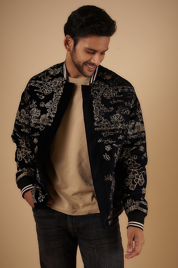 Black Suede Hand Embroidered Bomber Jacket by The Man Project at Pernia's Pop Up Shop