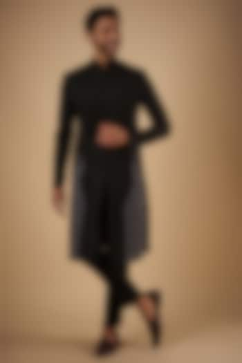 Black Merino Wool & Polyester Pleated Sherwani Set by The Man Project