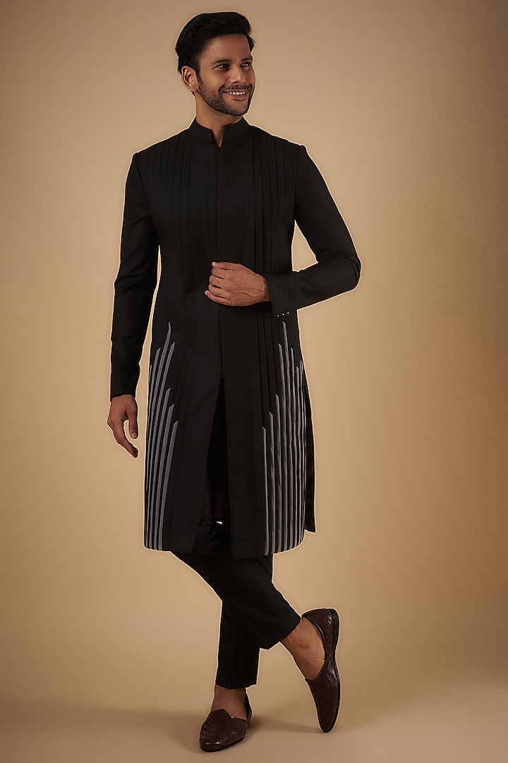 Black Merino Wool & Polyester Pleated Sherwani Set by The Man Project