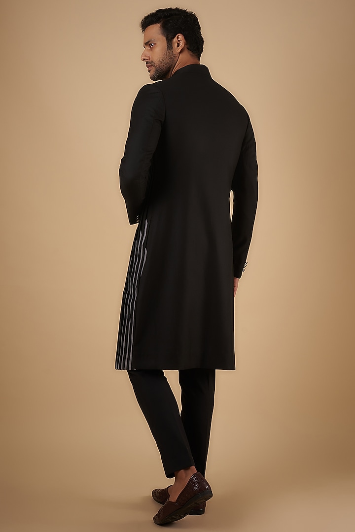 Black Merino Wool & Polyester Pleated Groom Sherwani Set by The Man Project at Pernia's Pop Up Shop