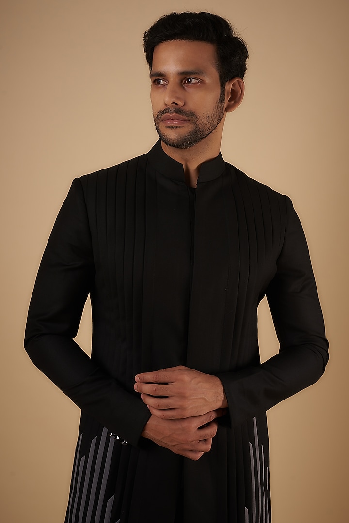 Black Merino Wool & Polyester Pleated Groom Sherwani Set by The Man Project at Pernia's Pop Up Shop