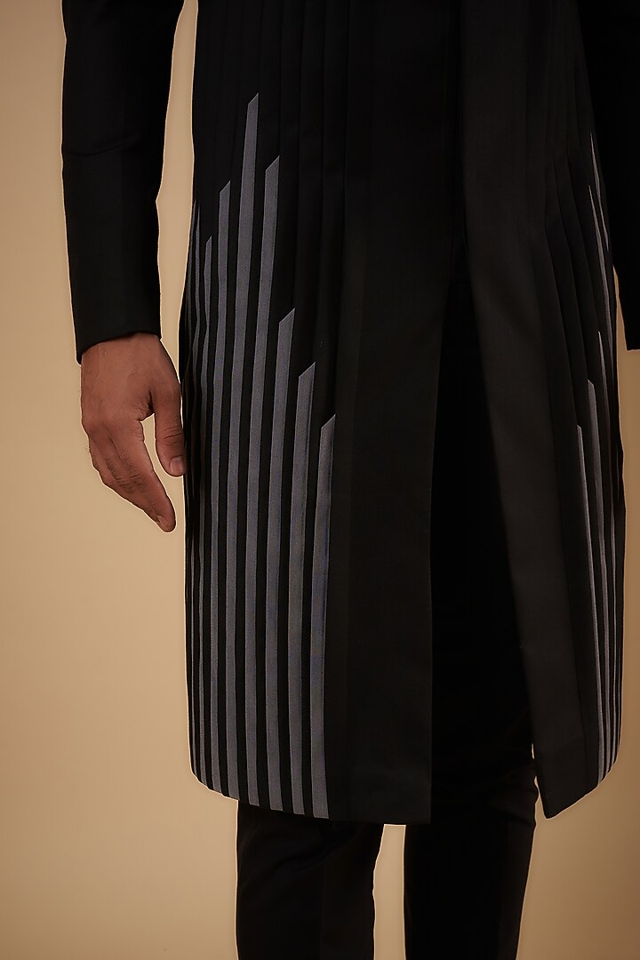 Black Merino Wool & Polyester Pleated Groom Sherwani Set by The Man Project at Pernia's Pop Up Shop
