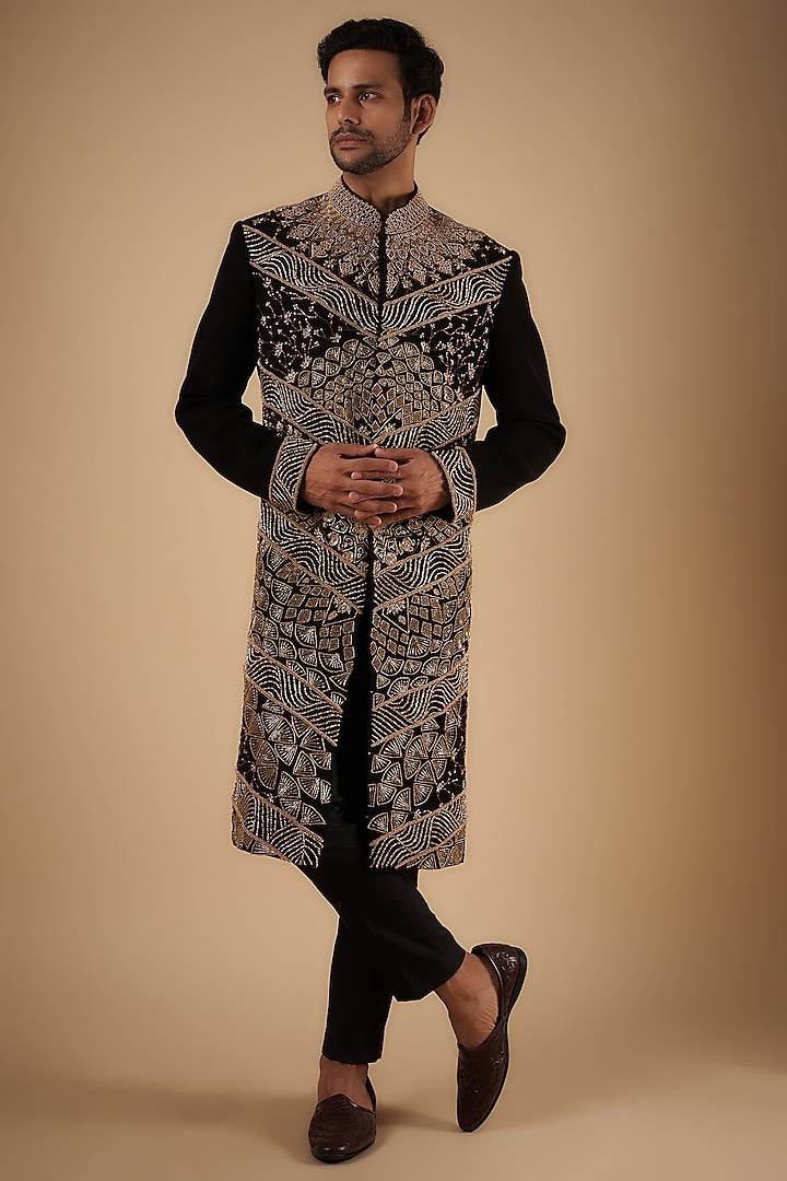 Black Polyester Beads Embroidered Sherwani Set by The Man Project