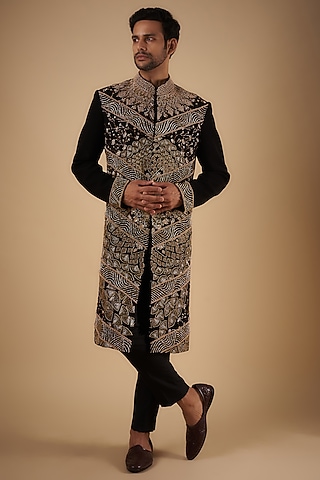 Black Polyester Beads Embroidered Sherwani Set by The Man Project