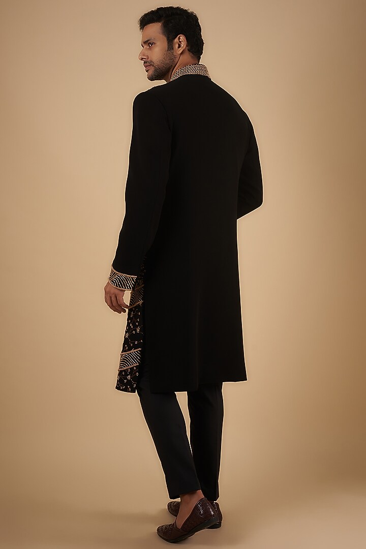Black Polyester Beads Embroidered Groom Sherwani Set by The Man Project at Pernia's Pop Up Shop