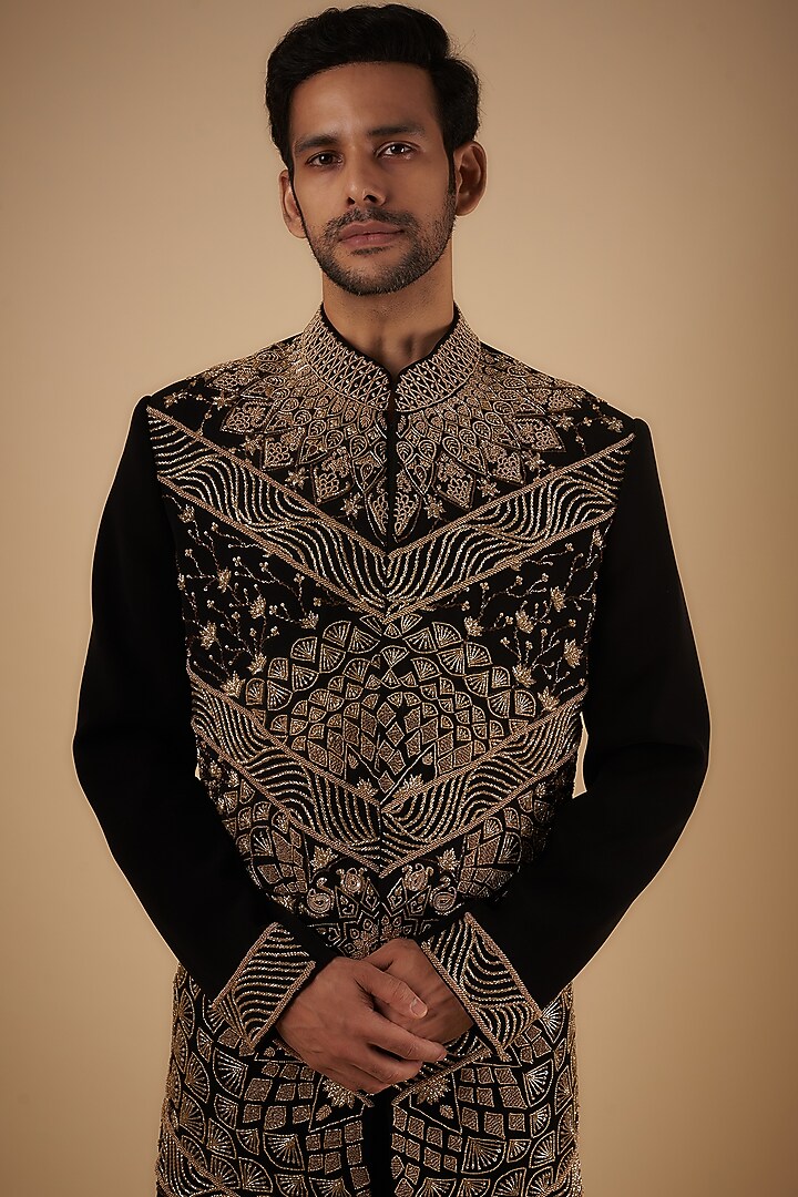 Black Polyester Beads Embroidered Groom Sherwani Set by The Man Project at Pernia's Pop Up Shop