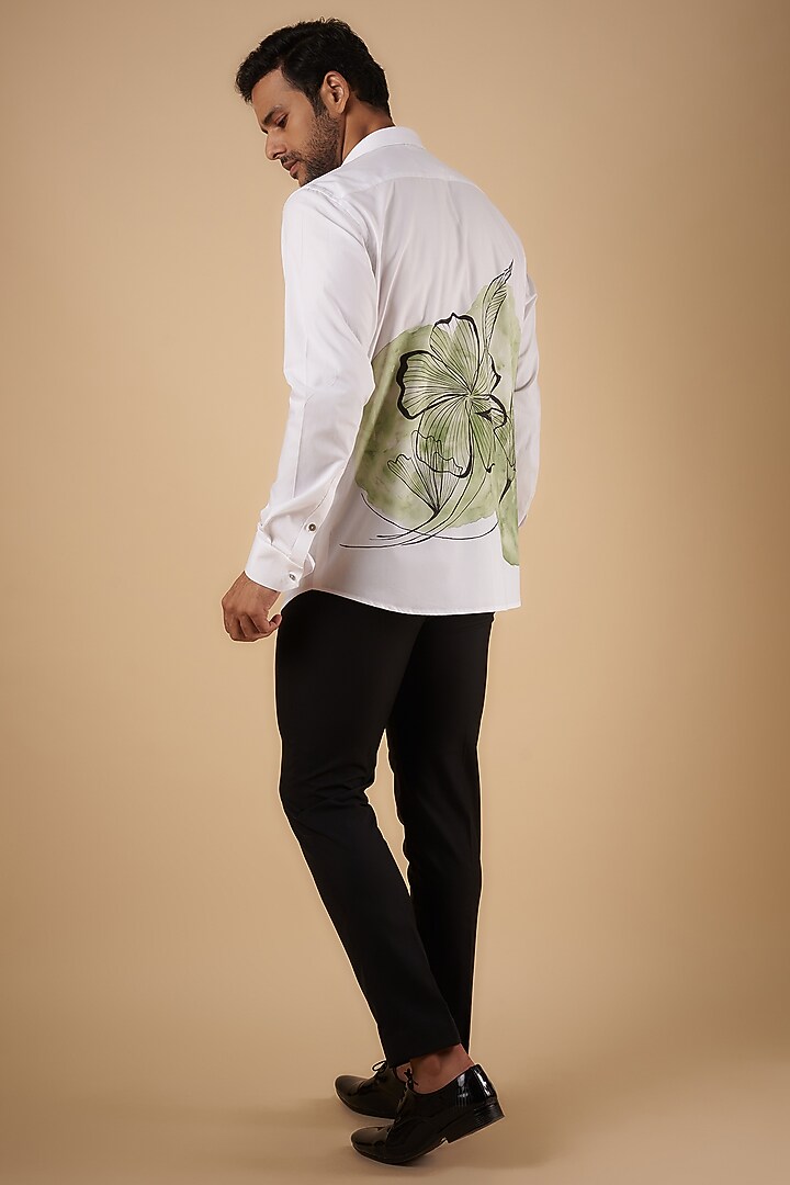 White Cotton Floral Hand Painted Wedding Shirt by The Man Project at Pernia's Pop Up Shop