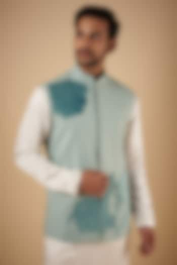 Pastel Blue Merino Wool Applique Embroidered Bundi Jacket by The Man Project