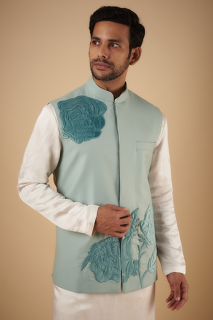 Pastel Blue Merino Wool Applique Embroidered Bundi Jacket by The Man Project