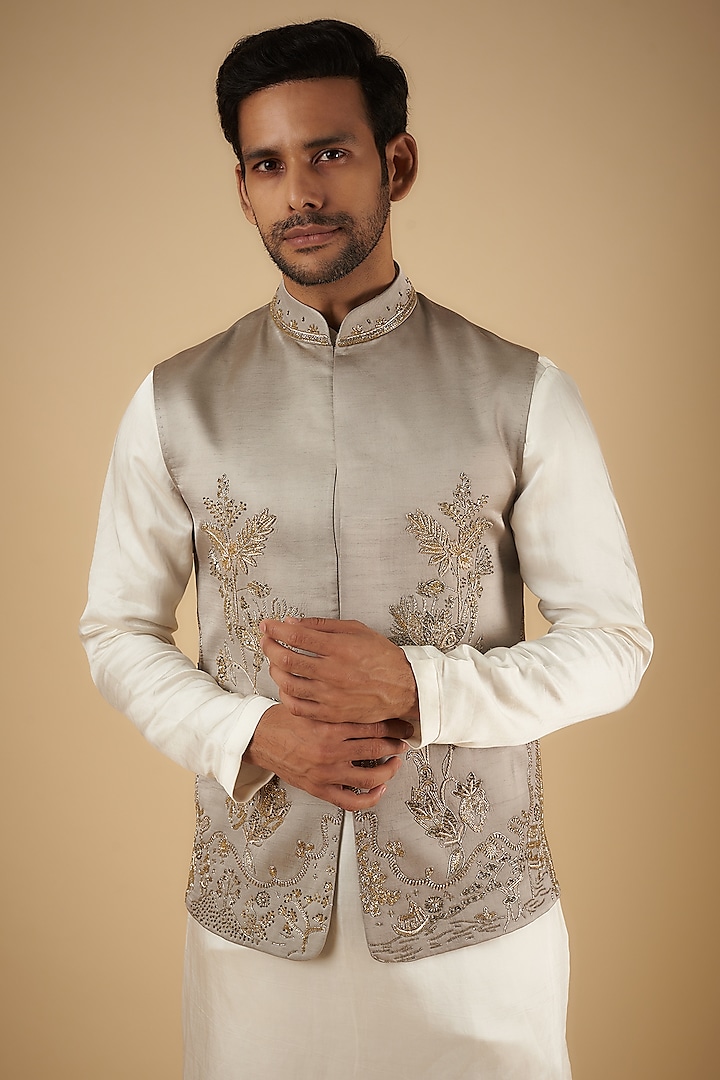 Beige Linen Silk Beads Hand Embroidered Bundi Jacket by The Man Project