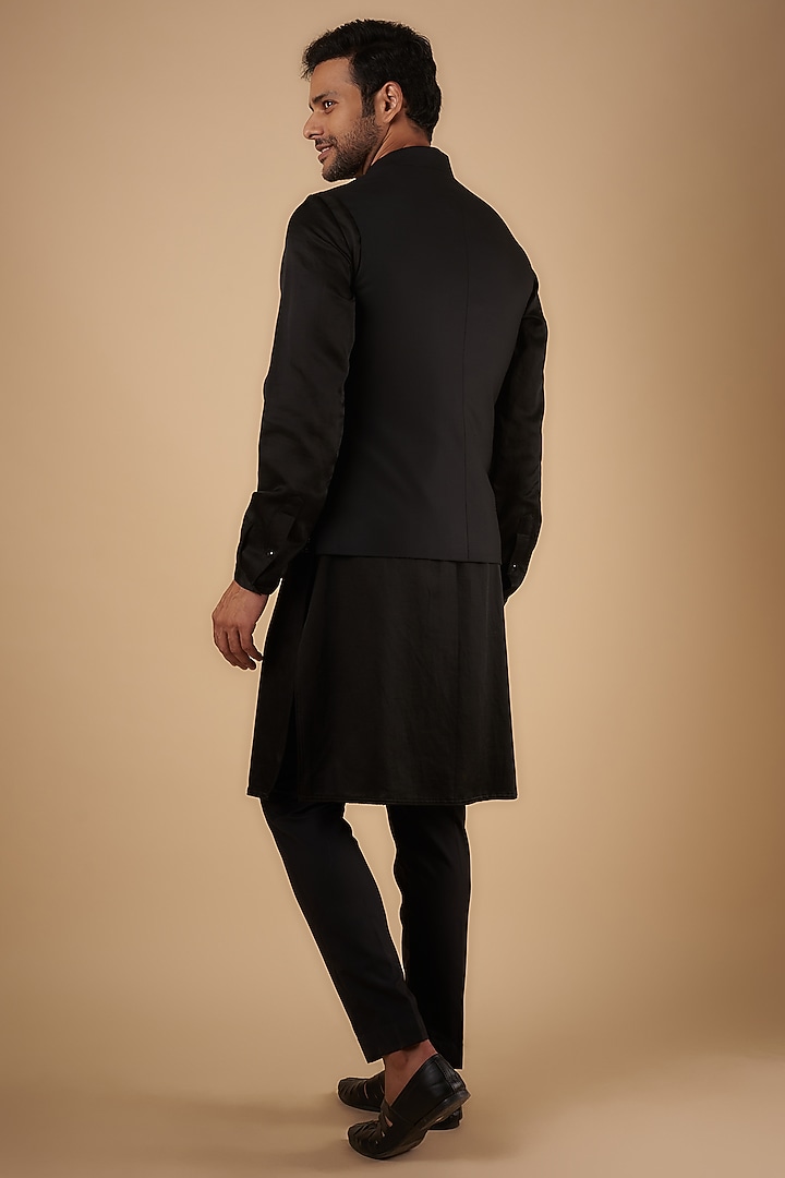 Black Merino Wool Beads Hand Embroidered Bundi Jacket by The Man Project at Pernia's Pop Up Shop