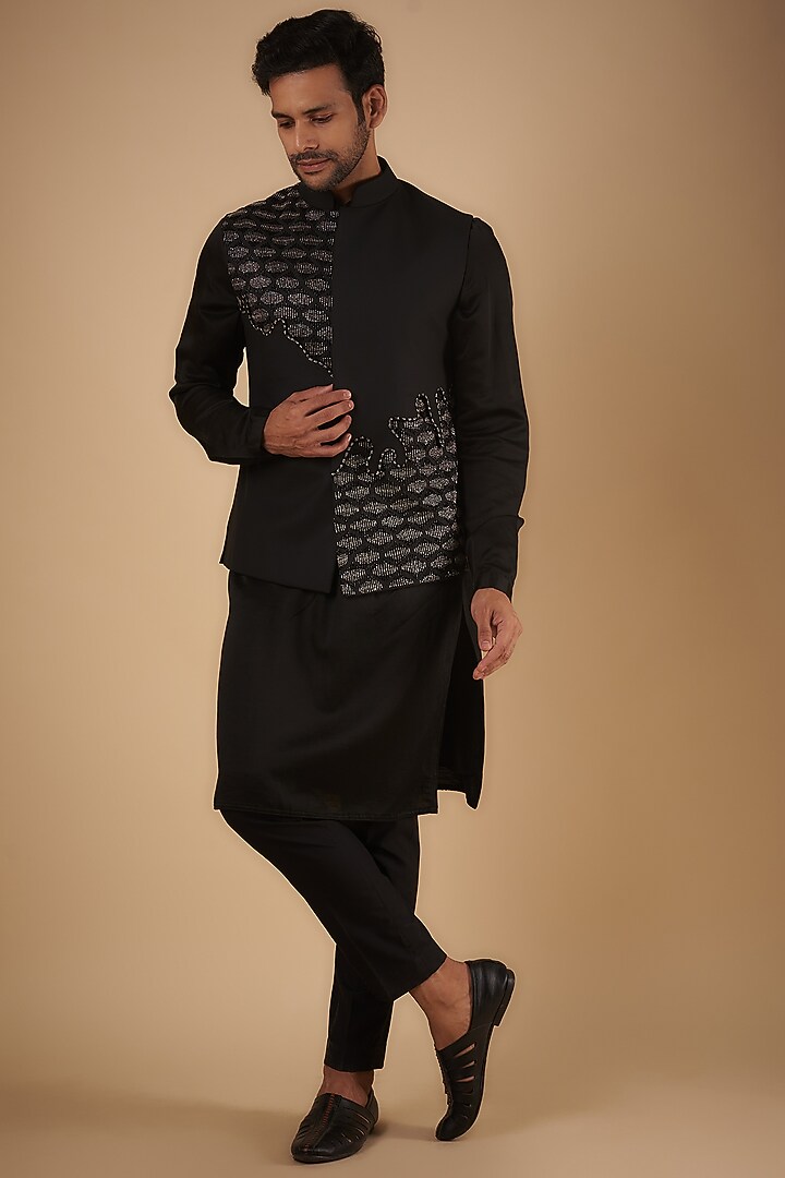 Black Merino Wool Beads Hand Embroidered Bundi Jacket by The Man Project at Pernia's Pop Up Shop