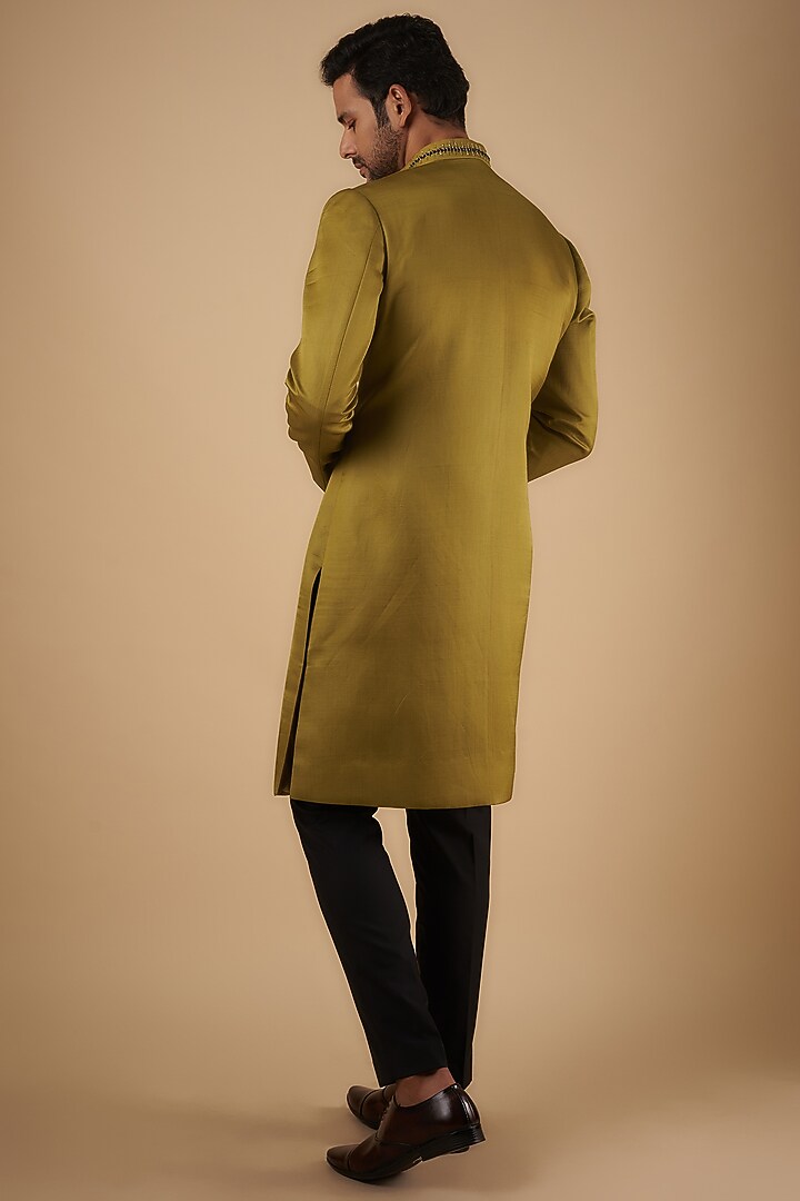 Olive Green Linen Silk Crystal Embroidered Wedding Sherwani Set by The Man Project at Pernia's Pop Up Shop
