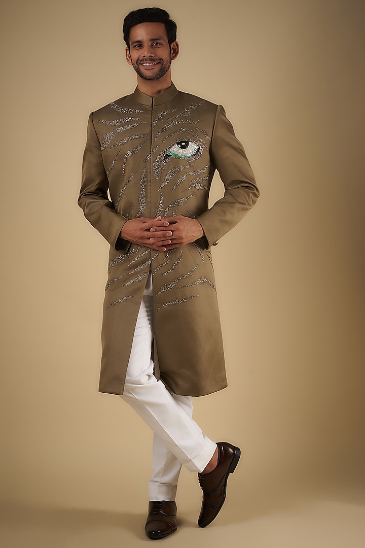 Dark Beige Linen Silk Tiger Eye Embroidered Sherwani Set by The Man Project