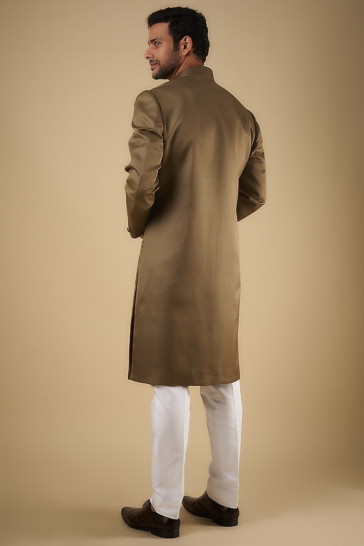 Dark Beige Linen Silk Tiger Eye Embroidered Groom Sherwani Set by The Man Project at Pernia's Pop Up Shop