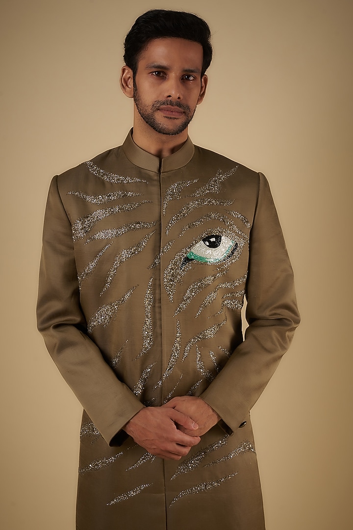Dark Beige Linen Silk Tiger Eye Embroidered Groom Sherwani Set by The Man Project at Pernia's Pop Up Shop