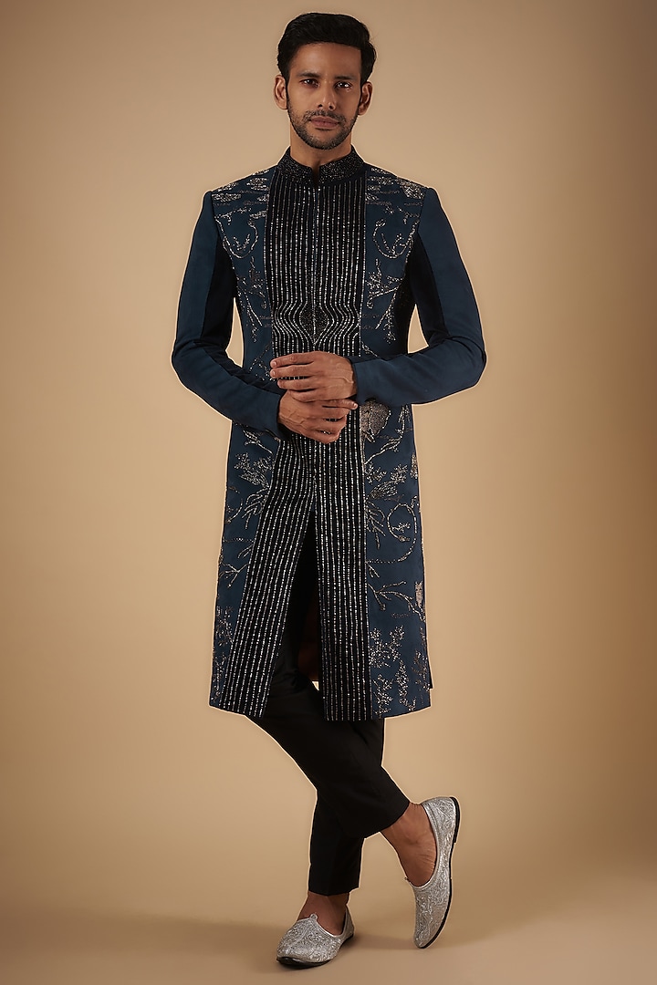 Navy Blue Suede Cutdana Hand Embroidered Sherwani Set by The Man Project