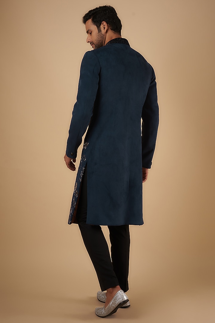 Navy Blue Suede Cutdana Hand Embroidered Groom Sherwani Set by The Man Project at Pernia's Pop Up Shop