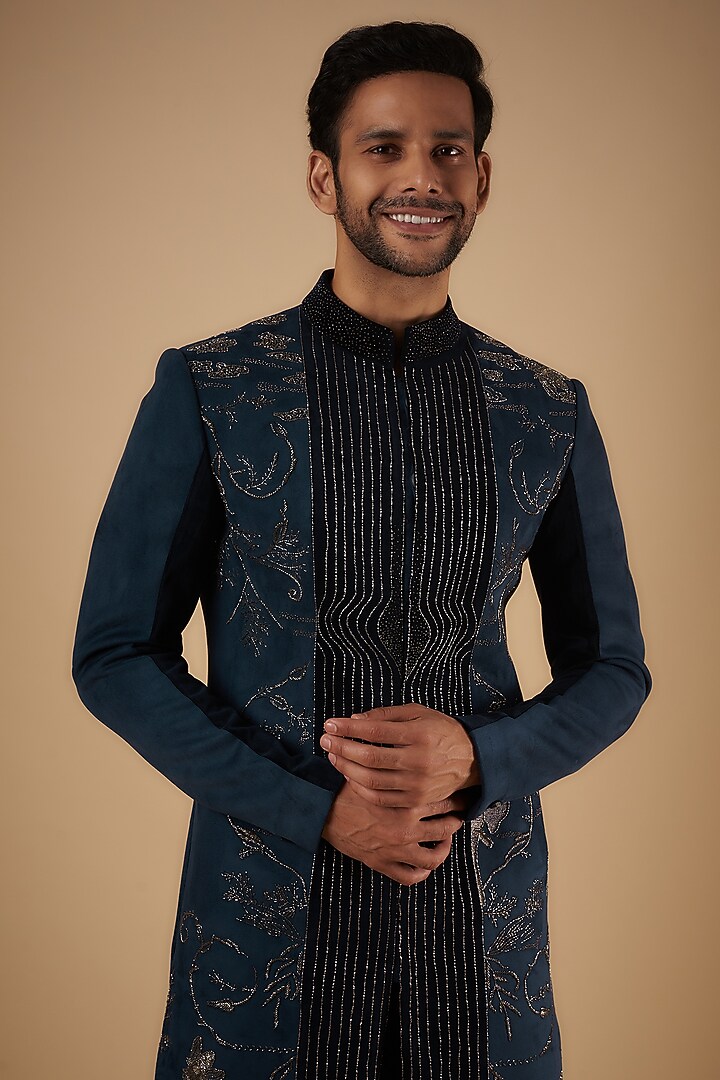 Navy Blue Suede Cutdana Hand Embroidered Groom Sherwani Set by The Man Project at Pernia's Pop Up Shop