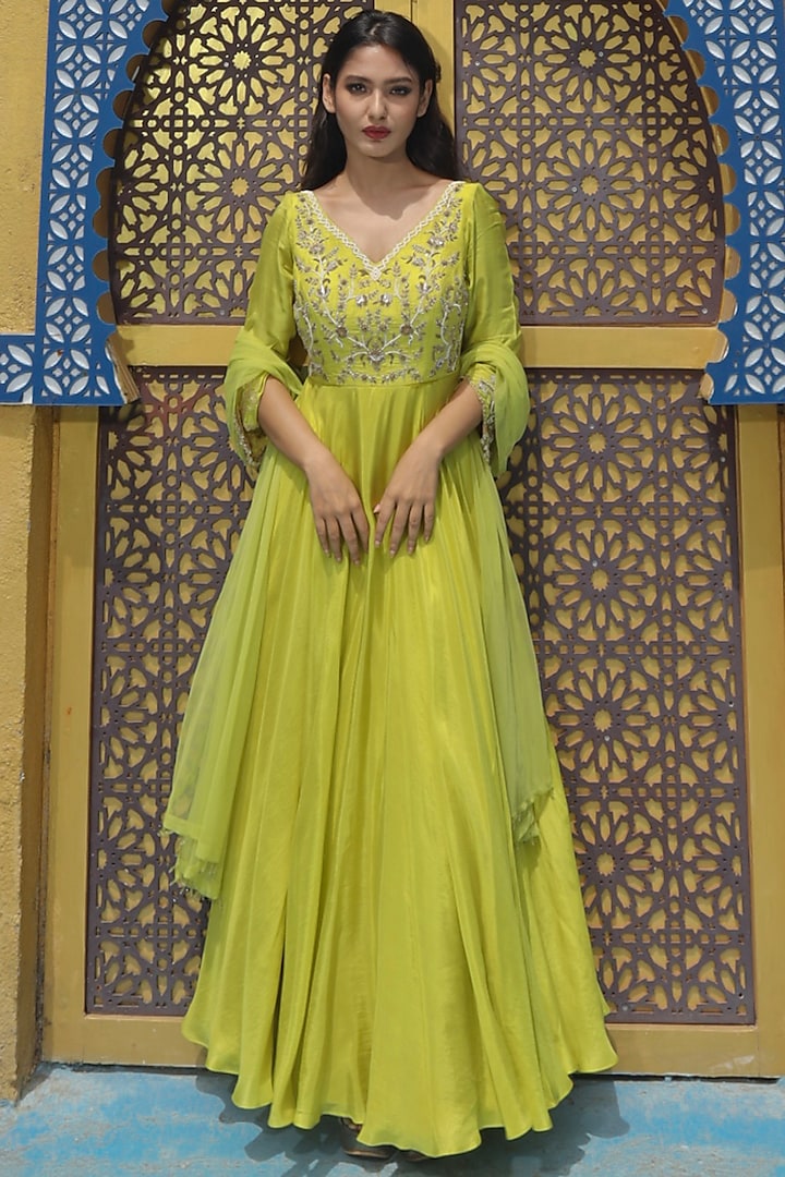 Parrot Green Habutai Silk Hand Embroidered Anarkali Set by Kasturi Tikmani